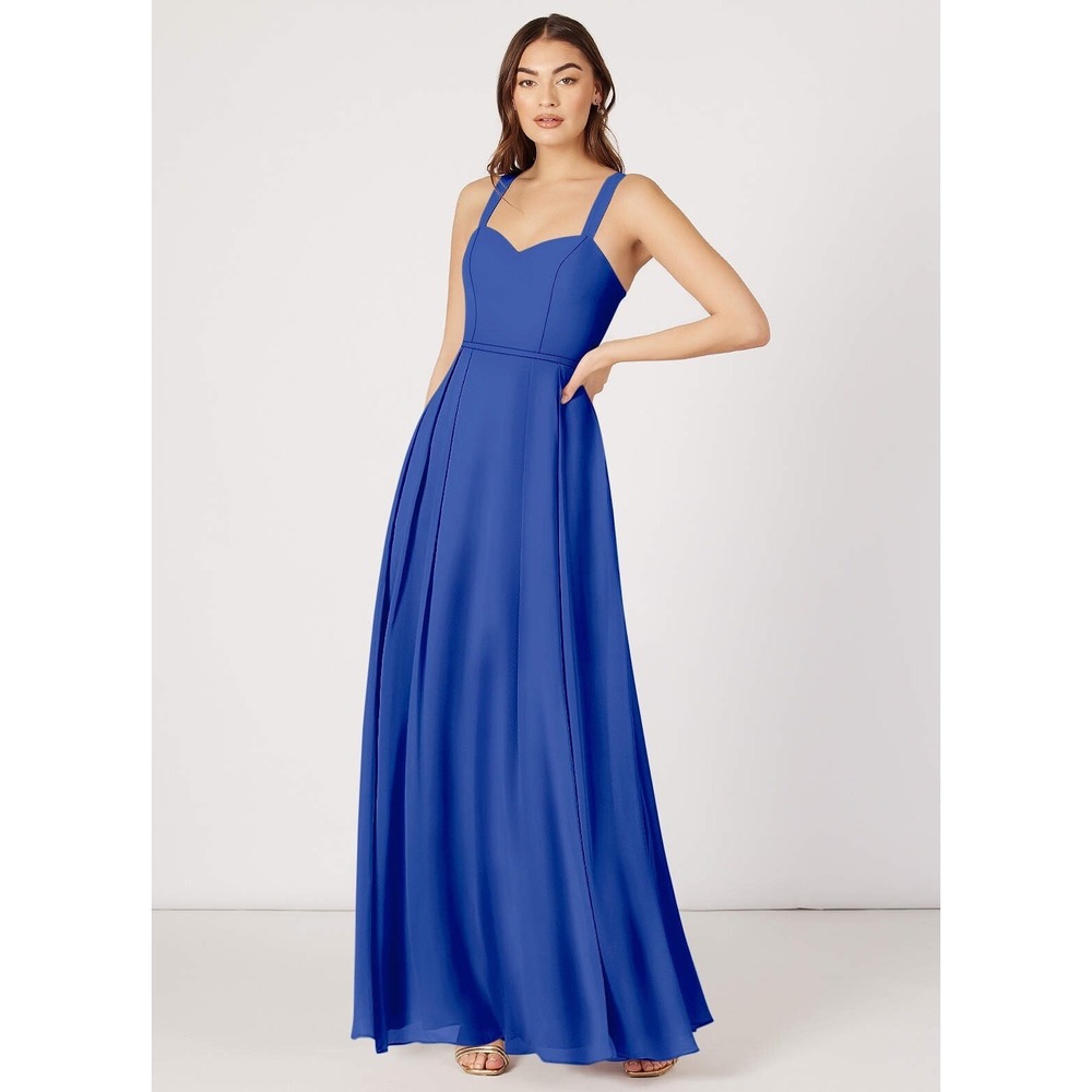 Azazie Simoan Bridesmaid Dress Neckline Royal Blue Chiffon Floor Length Sz A12